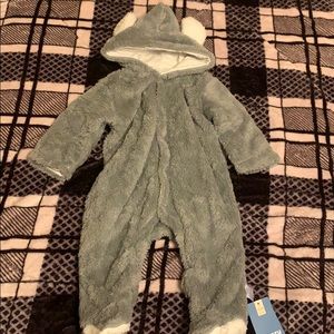Grey unisex fleece hooded romper jumpsuit